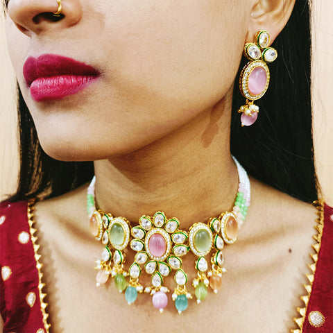 Designer Multi Color Beaded & Kundan Necklace with Earrings (D155)