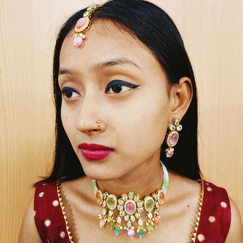Designer Multi Color Beaded & Kundan Necklace with Earrings (D155)