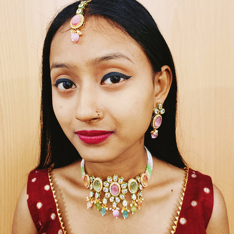 Designer Multi Color Beaded & Kundan Necklace with Earrings (D155)