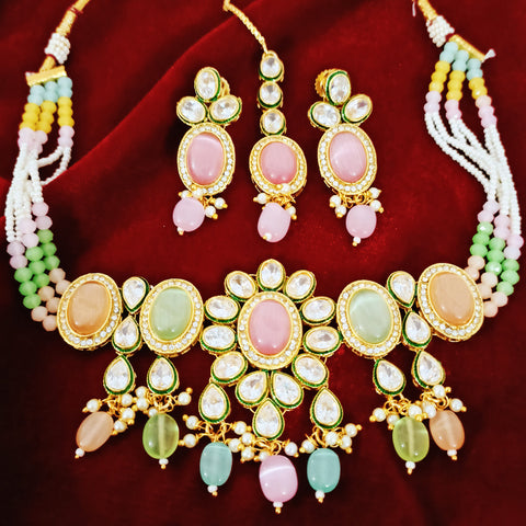 Designer Multi Color Beaded & Kundan Necklace with Earrings (D155)