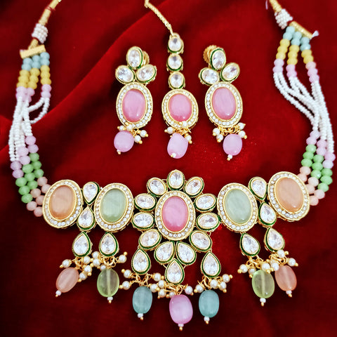 Designer Multi Color Beaded & Kundan Necklace with Earrings (D155)