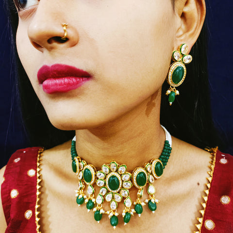 Designer Green Stone & Kundan Beaded Necklace with Earrings (D160)