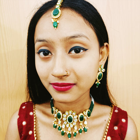 Designer Green Stone & Kundan Beaded Necklace with Earrings (D160)