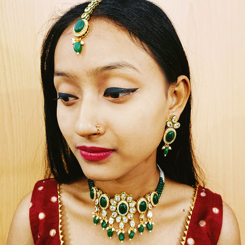 Designer Green Stone & Kundan Beaded Necklace with Earrings (D160)