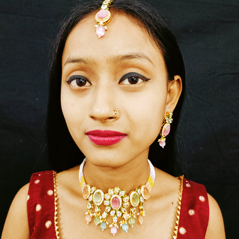 Designer Multi Color Stone & Kundan Beaded Necklace with Earrings (D164)