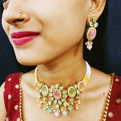 Designer Multi Color Stone & Kundan Beaded Necklace with Earrings (D164)