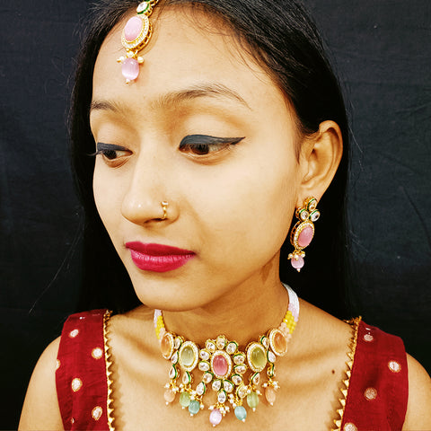 Designer Multi Color Stone & Kundan Beaded Necklace with Earrings (D164)