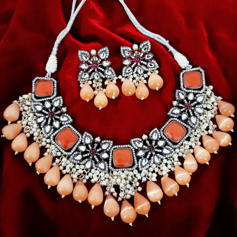 Designer White & Orange Beaded Necklace with Earrings (D159)