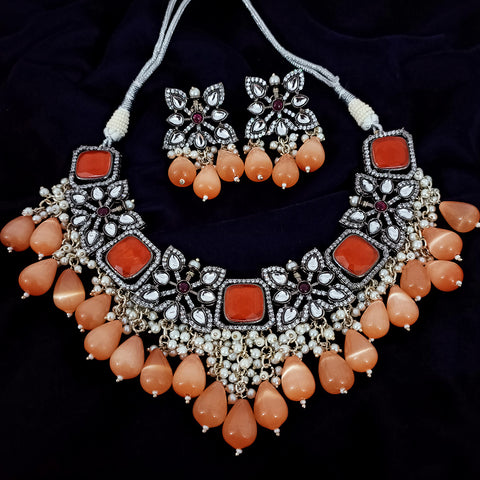 Designer White & Orange Beaded Necklace with Earrings (D159)