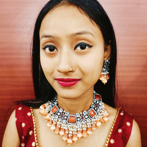 Designer White & Orange Beaded Necklace with Earrings (D159)