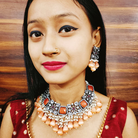 Designer White & Orange Beaded Necklace with Earrings (D159)