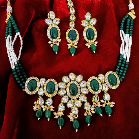 Designer Green Stone & Kundan Beaded Necklace with Earrings (D160)