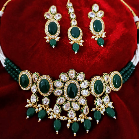 Designer Green Stone & Kundan Beaded Necklace with Earrings (D160)