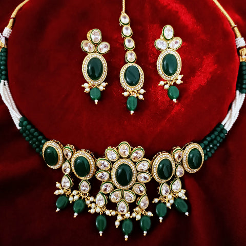 Designer Green Stone & Kundan Beaded Necklace with Earrings (D160)