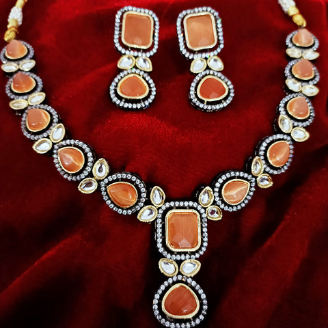 Designer Brown Color Stone & Kundan Beaded Necklace with Earrings (D162)