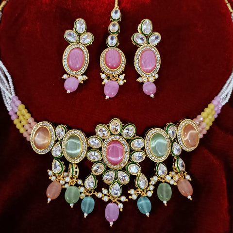 Designer Multi Color Stone & Kundan Beaded Necklace with Earrings (D164)