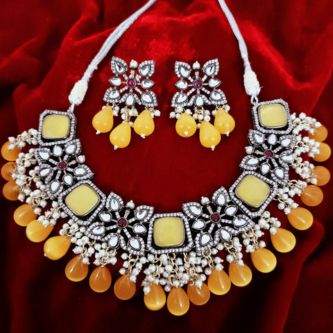 Designer White & Yellow Beaded Necklace with Earrings (D158)