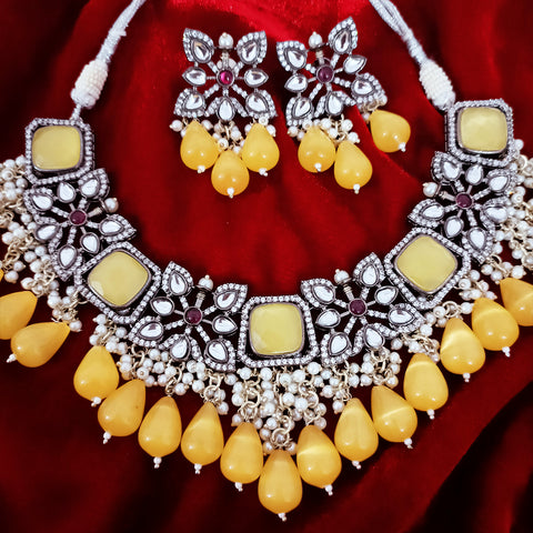 Designer White & Yellow Beaded Necklace with Earrings (D158)
