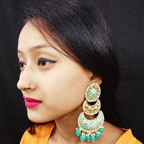 Gold Teal Beautifully Enamelled Traditional Earrings (E242)