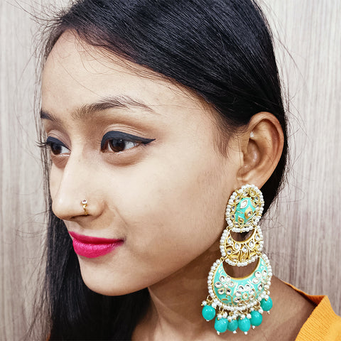 Gold Teal Beautifully Enamelled Traditional Earrings (E242)