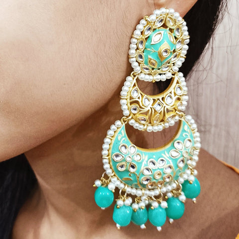 Gold Teal Beautifully Enamelled Traditional Earrings (E242)