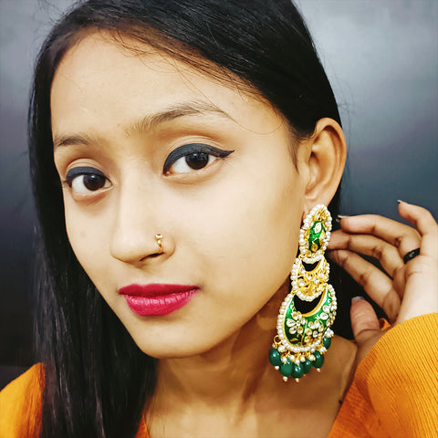 Gold Green Beautifully Enamelled Traditional Earrings (E246)