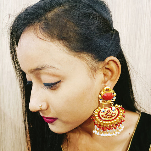 Golden & Red Enameled Pearl Beautifully Designed Amrapali Earrings (E271)