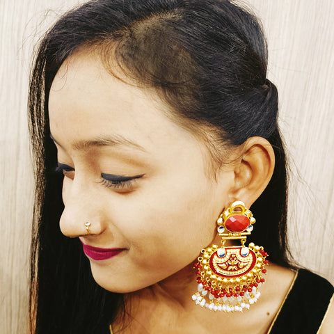 Golden & Red Enameled Pearl Beautifully Designed Amrapali Earrings (E271)