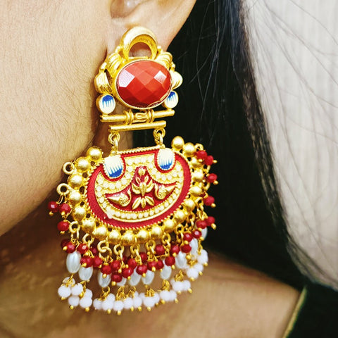 Golden & Red Enameled Pearl Beautifully Designed Amrapali Earrings (E271)