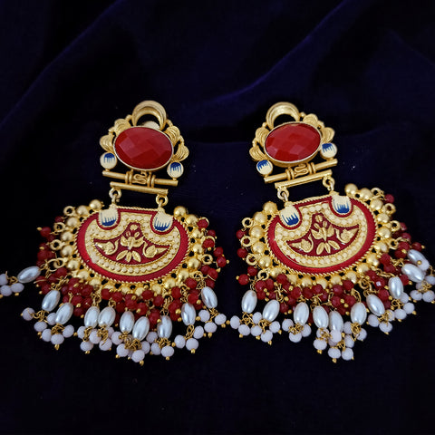 Golden & Red Enameled Pearl Beautifully Designed Amrapali Earrings (E271)