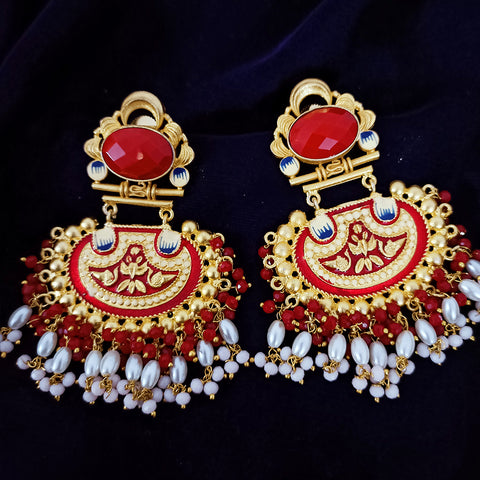 Golden & Red Enameled Pearl Beautifully Designed Amrapali Earrings (E271)