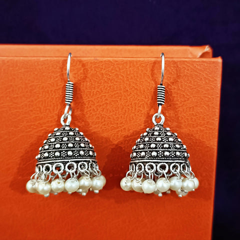 Round Oxidized Designer Earring Jhumki with White Pearls (E283)