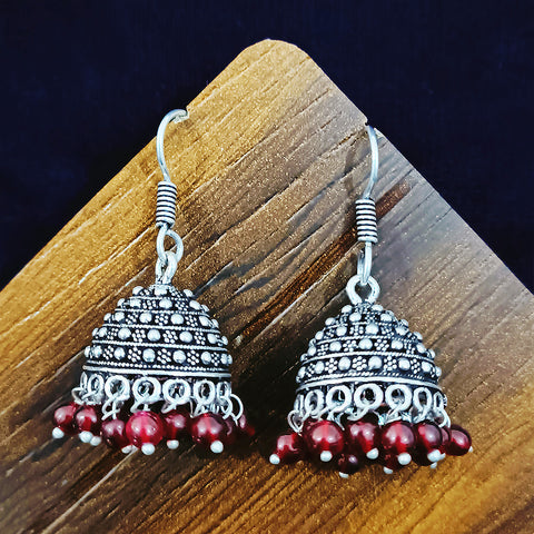 Round Oxidized Designer Earring Jhumki with Red Pearls (E284)