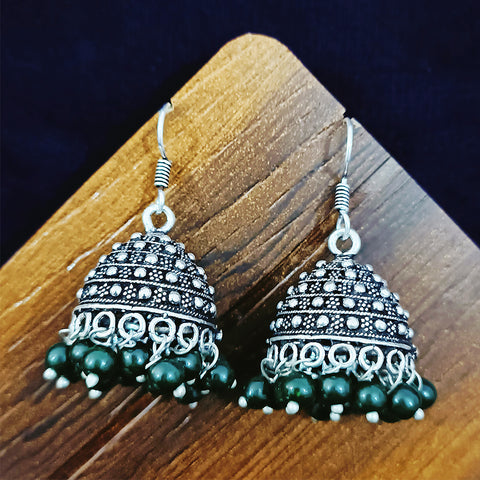 Round Oxidized Designer Earring Jhumki with Green Pearls (E285)