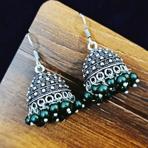 Round Oxidized Designer Earring Jhumki with Green Pearls (E285)