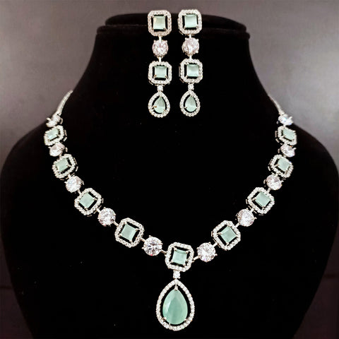 Gold Plated Green Color American Diamond Necklace with Earrings (D170)