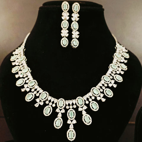 Gold Plated Green Color American Diamond Necklace with Earrings (D174)
