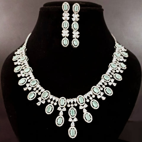 Gold Plated Green Color American Diamond Necklace with Earrings (D174)
