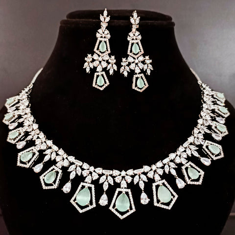 Gold Plated Green Color American Diamond Necklace with Earrings (D173)