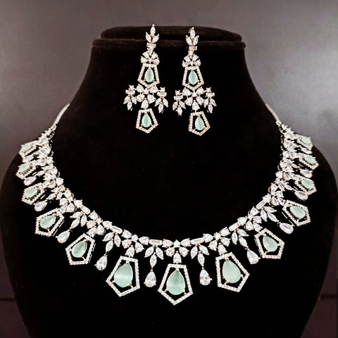Gold Plated Green Color American Diamond Necklace with Earrings (D173)
