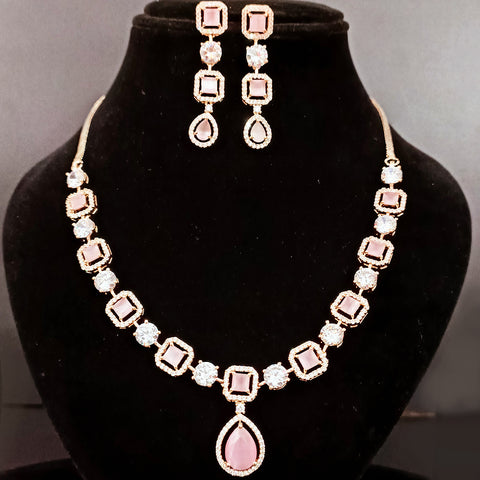 Gold Plated Pink Color American Diamond Necklace with Earrings (D171)