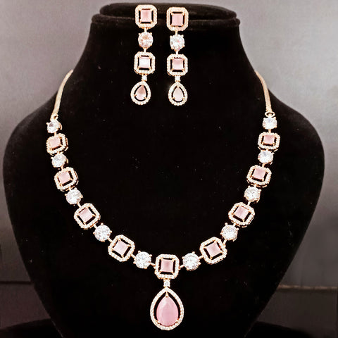 Gold Plated Pink Color American Diamond Necklace with Earrings (D171)