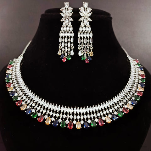 Multi Color American Diamond Necklace with Earrings (D165)