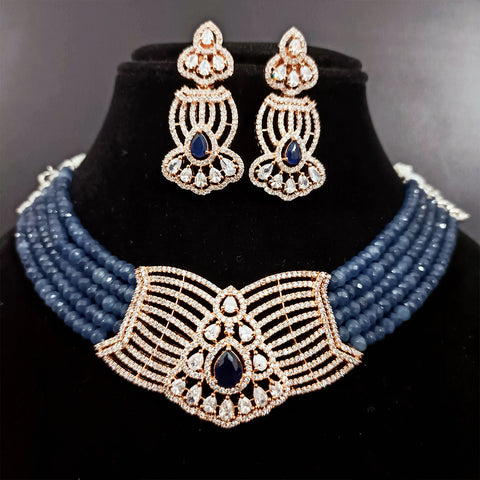Grey Color Rose Gold American Diamond Necklace with Earrings (D168)