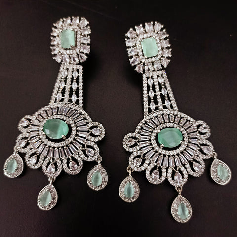 Silver Plated Light Green Stone & American Diamond Beaded Earrings (E292)