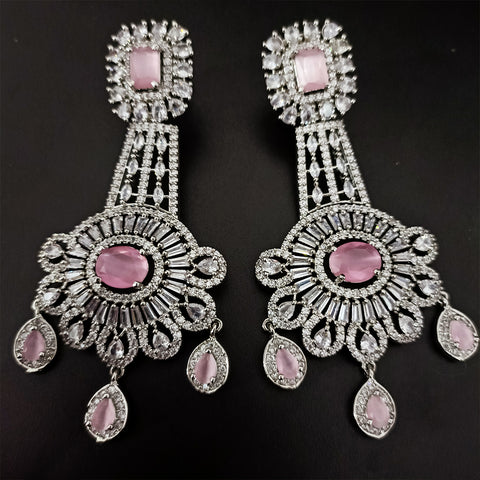 Silver Plated Light Pink Stone & American Diamond Beaded Earrings (E293)