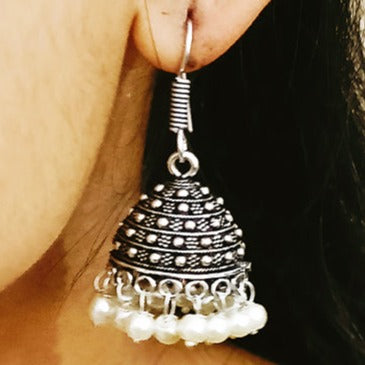 Round Oxidized Designer Earring Jhumki with White Pearls (E283)