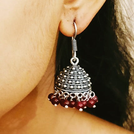 Round Oxidized Designer Earring Jhumki with Red Pearls (E284)