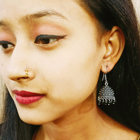 Round Oxidized Designer Earring Jhumki with Black Pearls (E286)