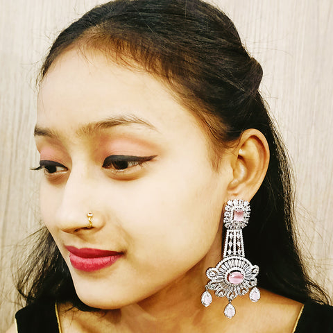 Silver Plated Light Pink Stone & American Diamond Beaded Earrings (E293)